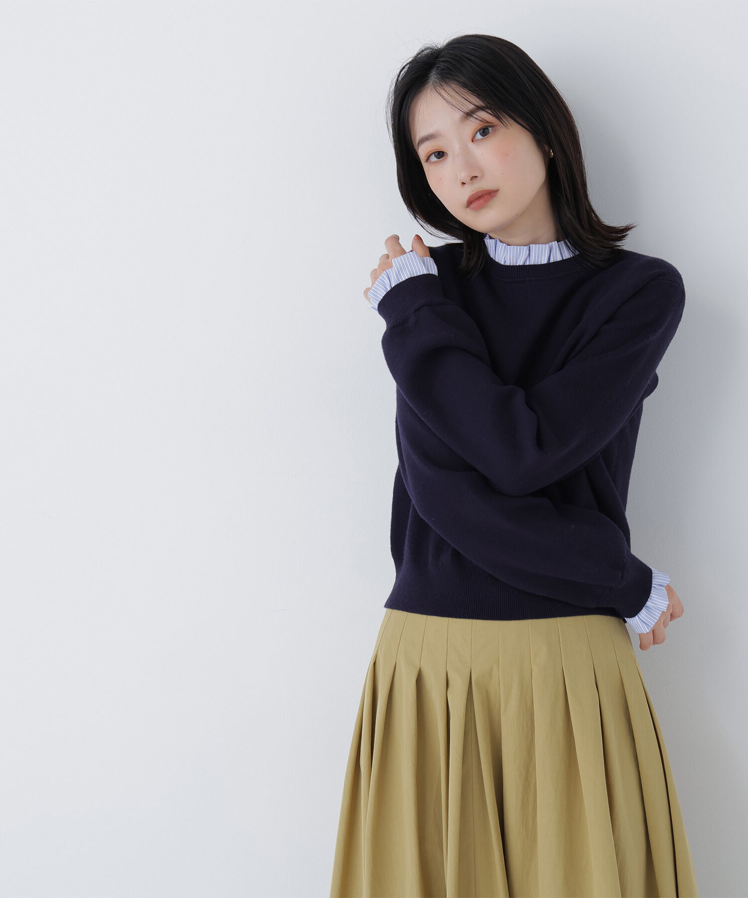  「ストライプフリルネックニット」|ニット・セーター|ネイビー