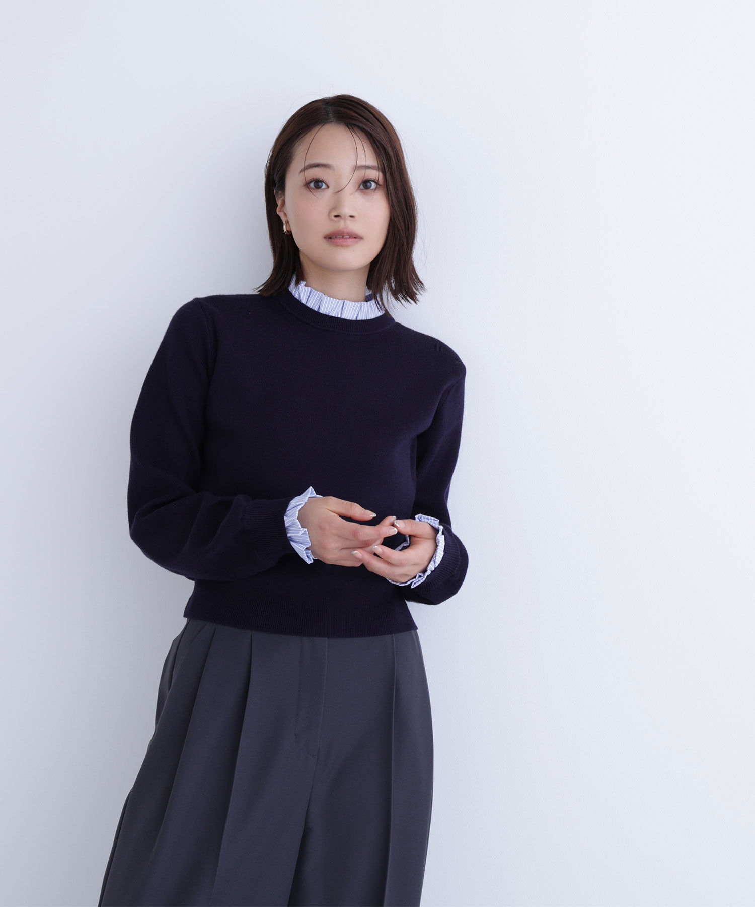  「ストライプフリルネックニット」|ニット・セーター|