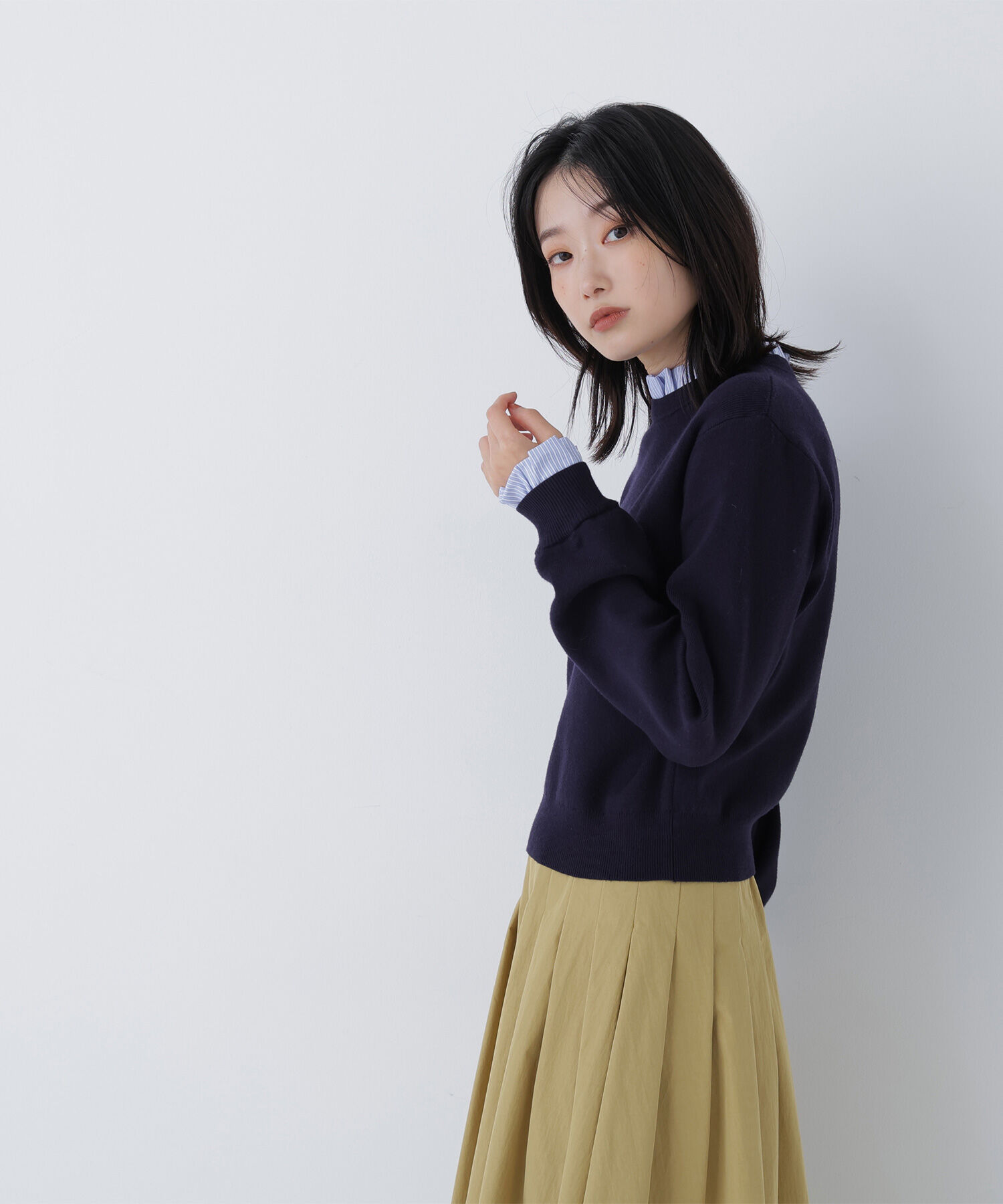  「ストライプフリルネックニット」|ニット・セーター|