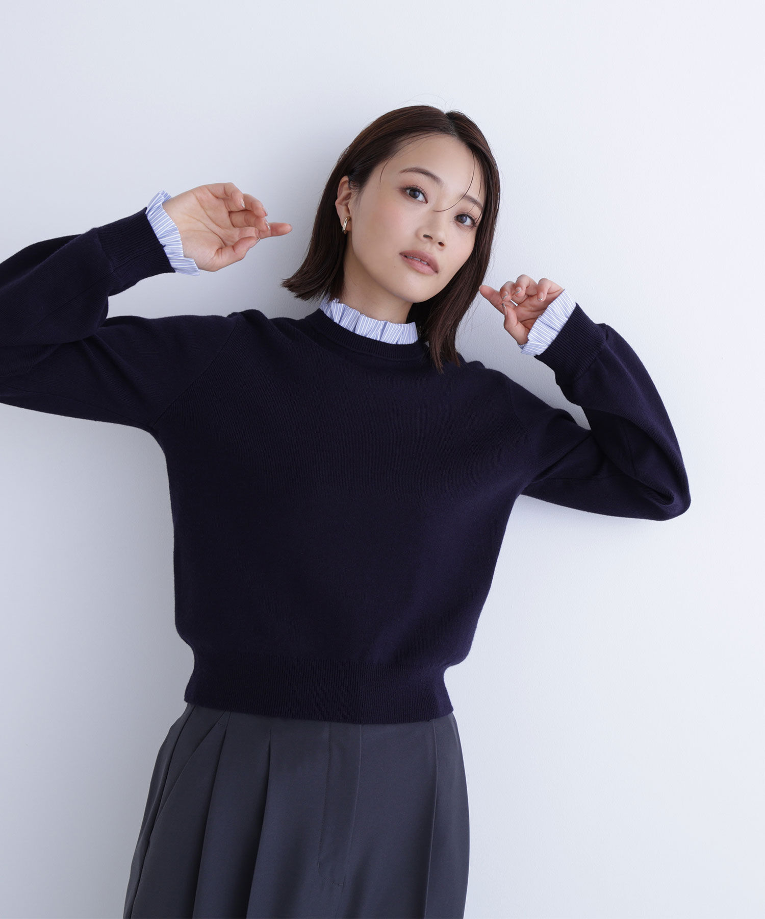  「ストライプフリルネックニット」|ニット・セーター|