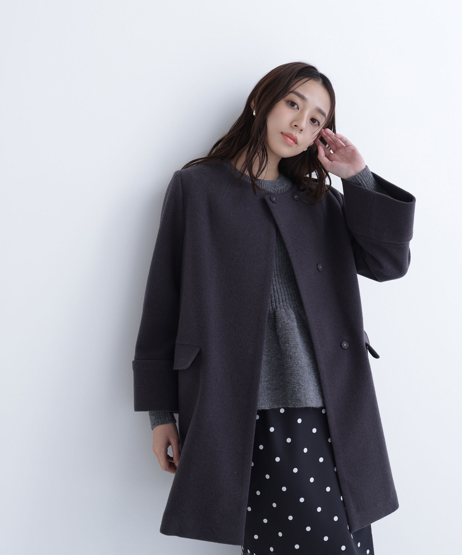  「ノーカラーミドルコート」|ブルゾン・スタジャン|チャコール1