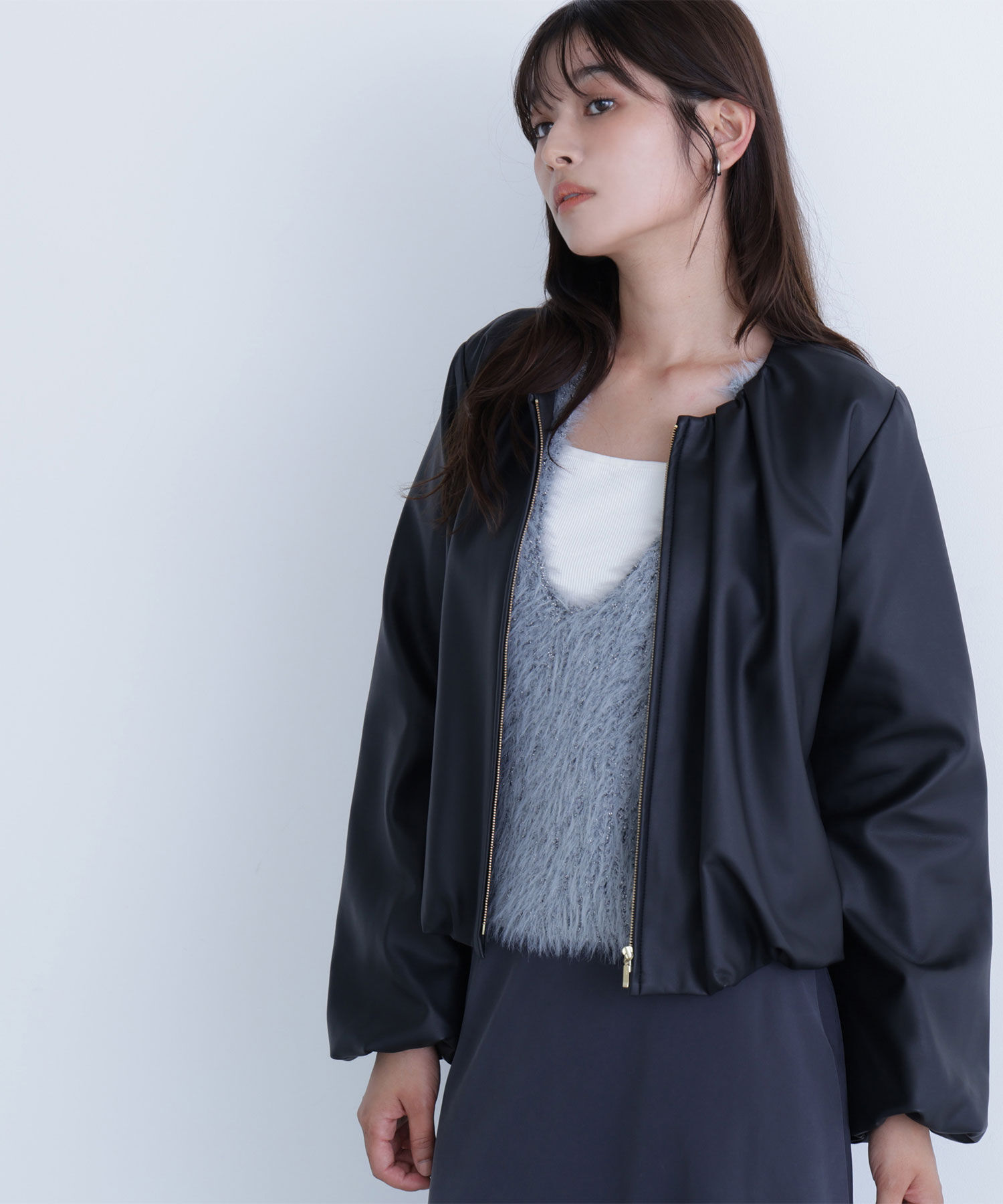  「フェイクレザーギャザーブルゾン」|ブルゾン・スタジャン|