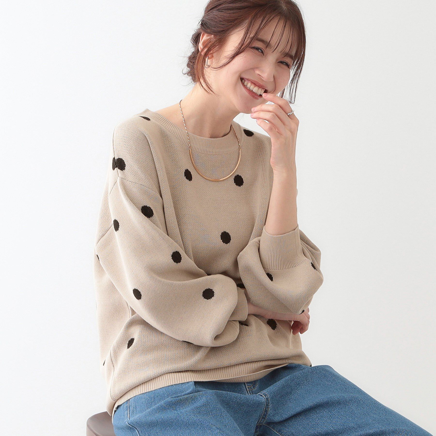 SHOO･LA･RUE「【S-LL】ドット柄が目を惹く ゆったりニット」|ニット・セーター|ベージュ(552)