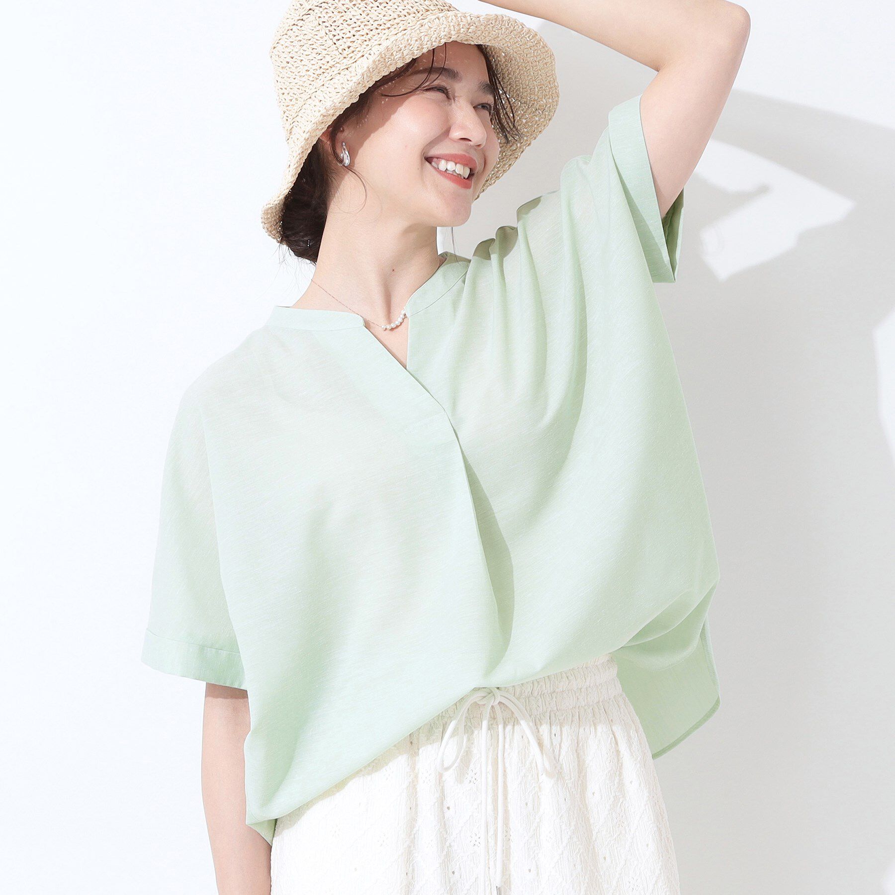 SHOO･LA･RUE「【高レビュー/洗える/UV/吸水速乾】洗濯後しわになりにくいリネンブレンドドルマンシャツ」|シャツ・ブラウス|ミントグリーン(02