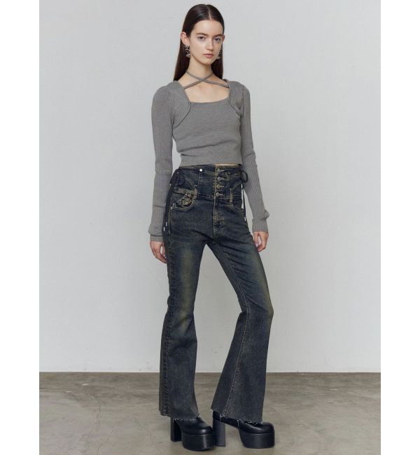 EMODA「リボンハイウエストフレアパギンス」|デニム|