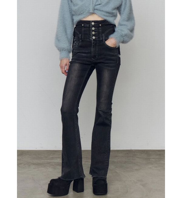 EMODA「リボンハイウエストフレアパギンス」|デニム|ブラック