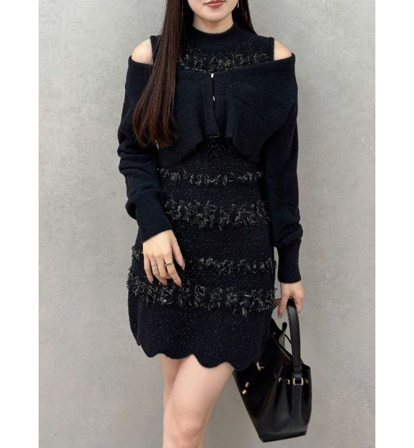 MERCURYDUO「ツイードニットミニワンピースカーデアンサンブル」|ワンピース|ブラック