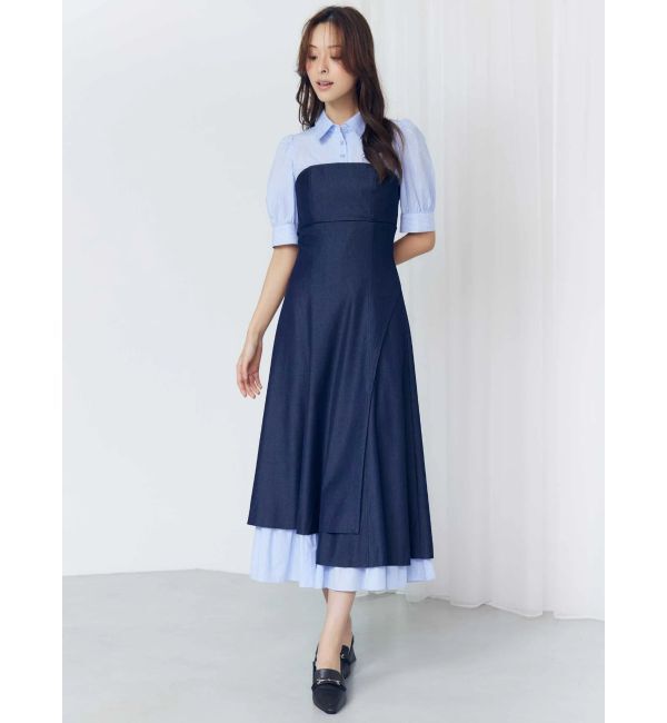MERCURYDUO「シャツドッキングベアワンピース」|ワンピース|アイスブルー