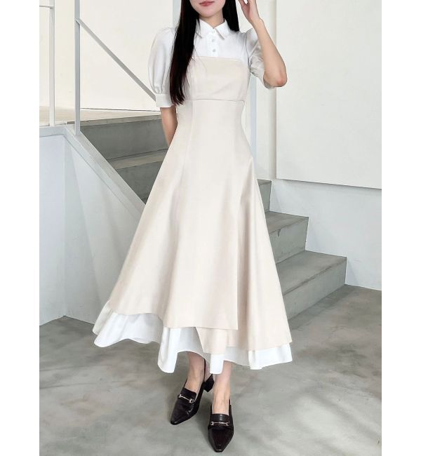 MERCURYDUO「シャツドッキングベアワンピース」|ワンピース|ベージュ