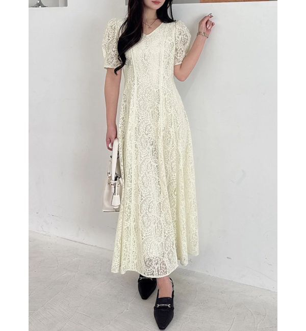 MERCURYDUO「レースパイピングロングワンピース」|ワンピース|イエロー