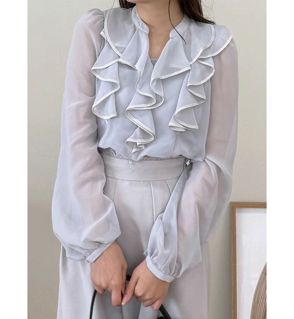 MERCURYDUO「ダブルラッフルバイカラーパイピングブラウス」|シャツ・ブラウス|ライトグレー