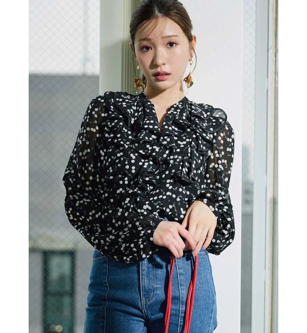 MERCURYDUO「ダブルラッフルバイカラーパイピングブラウス」|シャツ・ブラウス|ブラック