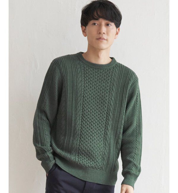 ikka「抗菌アランケーブルリサイクルニット」|プルオーバー|グリーン
