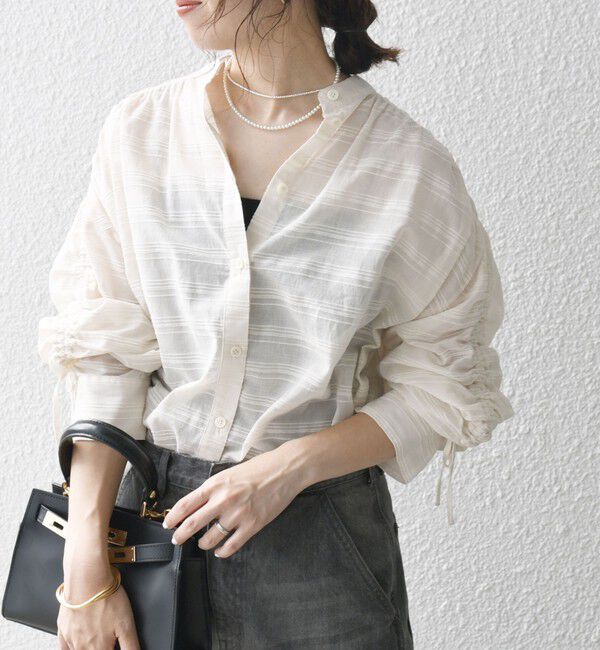 SHIPS any「SHIPS any: シアー ジャカード シャーリング バンドカラー シャツ」|シャツ・ブラウス|