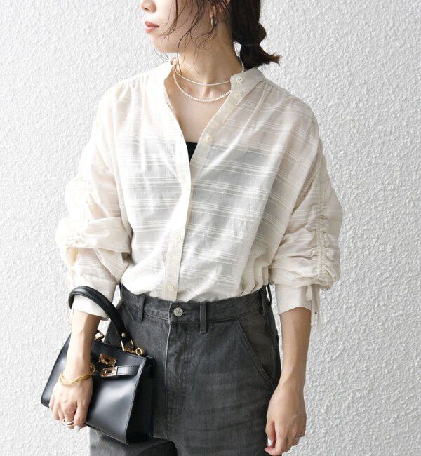 SHIPS any「SHIPS any: シアー ジャカード シャーリング バンドカラー シャツ」|シャツ・ブラウス|