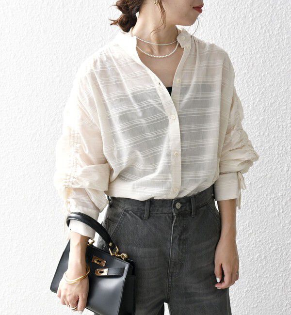 SHIPS any「SHIPS any: シアー ジャカード シャーリング バンドカラー シャツ」|シャツ・ブラウス|