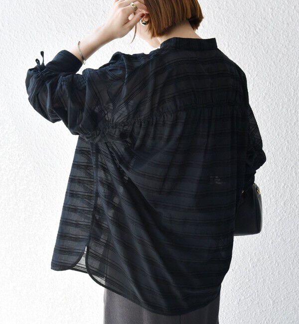 SHIPS any「SHIPS any: シアー ジャカード シャーリング バンドカラー シャツ」|シャツ・ブラウス|