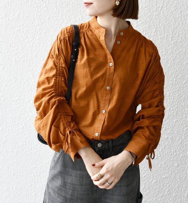 SHIPS any「SHIPS any: シアー ジャカード シャーリング バンドカラー シャツ」|シャツ・ブラウス|