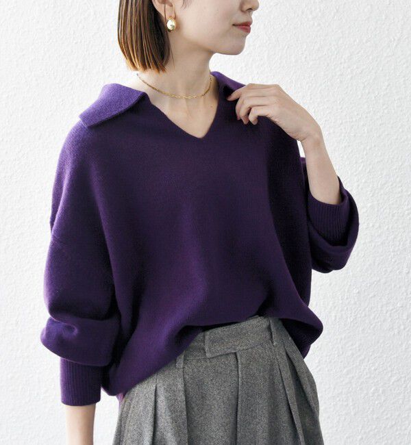 SHIPS any「【WEB限定】SHIPS any: 〈手洗い可能〉AQUA カシミヤ ミックス スキッパー カラー プルオーバー」|ニット・セーター|パープル