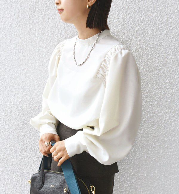 SHIPS for women「〈手洗い可能〉ウール混 スタンドカラー 袖 シャーリング ブラウス」|シャツ・ブラウス|
