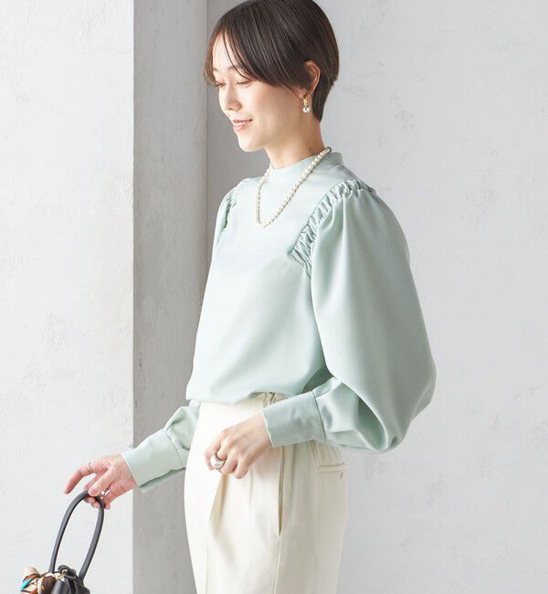 SHIPS for women「〈手洗い可能〉ウール混 スタンドカラー 袖 シャーリング ブラウス」|シャツ・ブラウス|ライトグリーン
