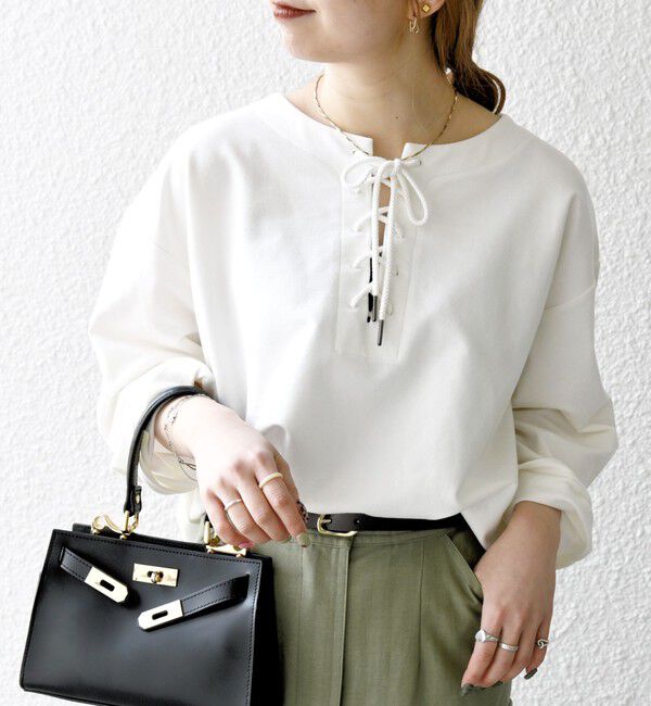 SHIPS any「SHIPS any:〈洗濯機可能〉インレイ レースアップ ロングスリーブ プルオーバー」|Tシャツ・カットソー|