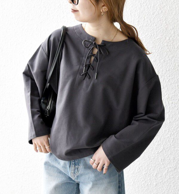 SHIPS any「SHIPS any:〈洗濯機可能〉インレイ レースアップ ロングスリーブ プルオーバー」|Tシャツ・カットソー|
