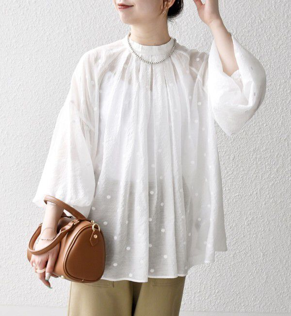 SHIPS any「《一部追加予約》SHIPS any:〈手洗い可能〉シアー ドット スタンドカラー パフ ギャザー ブラウス」|シャツ・ブラウス|