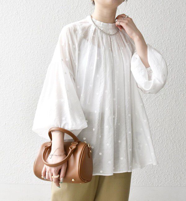 SHIPS any「《一部追加予約》SHIPS any:〈手洗い可能〉シアー ドット スタンドカラー パフ ギャザー ブラウス」|シャツ・ブラウス|