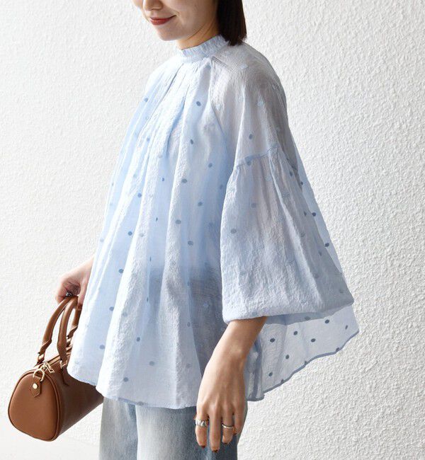 SHIPS any「《一部追加予約》SHIPS any:〈手洗い可能〉シアー ドット スタンドカラー パフ ギャザー ブラウス」|シャツ・ブラウス|