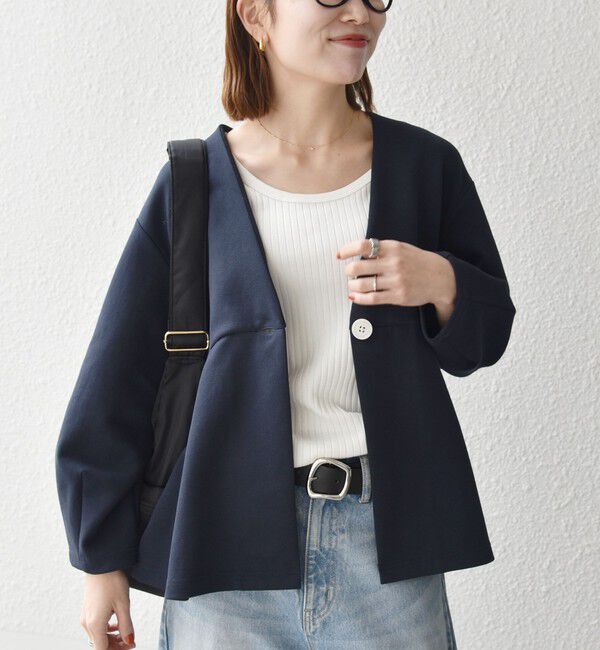 SHIPS any「《予約》SHIPS any:〈手洗い可能〉ダンボール ペプラム Vネック ジャケット」|ノーカラージャケット|