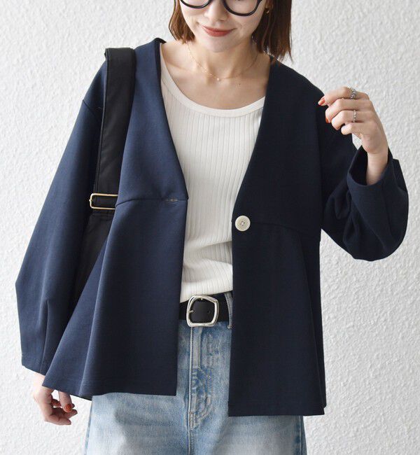 SHIPS any「《予約》SHIPS any:〈手洗い可能〉ダンボール ペプラム Vネック ジャケット」|ノーカラージャケット|