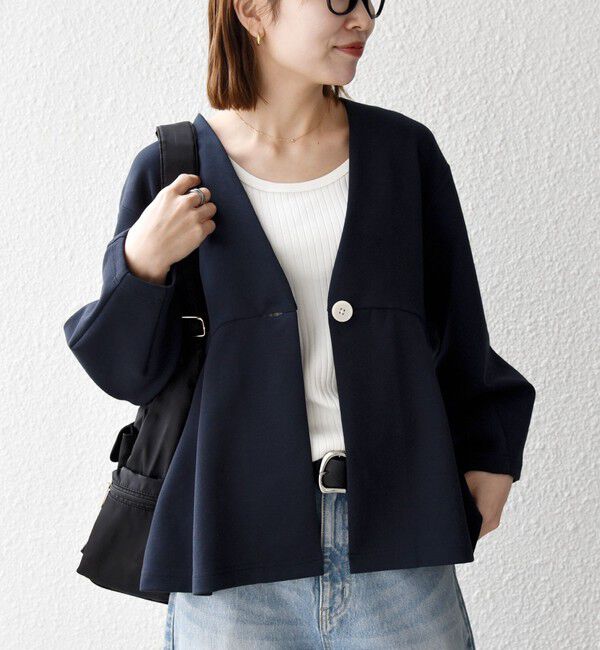 SHIPS any「《予約》SHIPS any:〈手洗い可能〉ダンボール ペプラム Vネック ジャケット」|ノーカラージャケット|