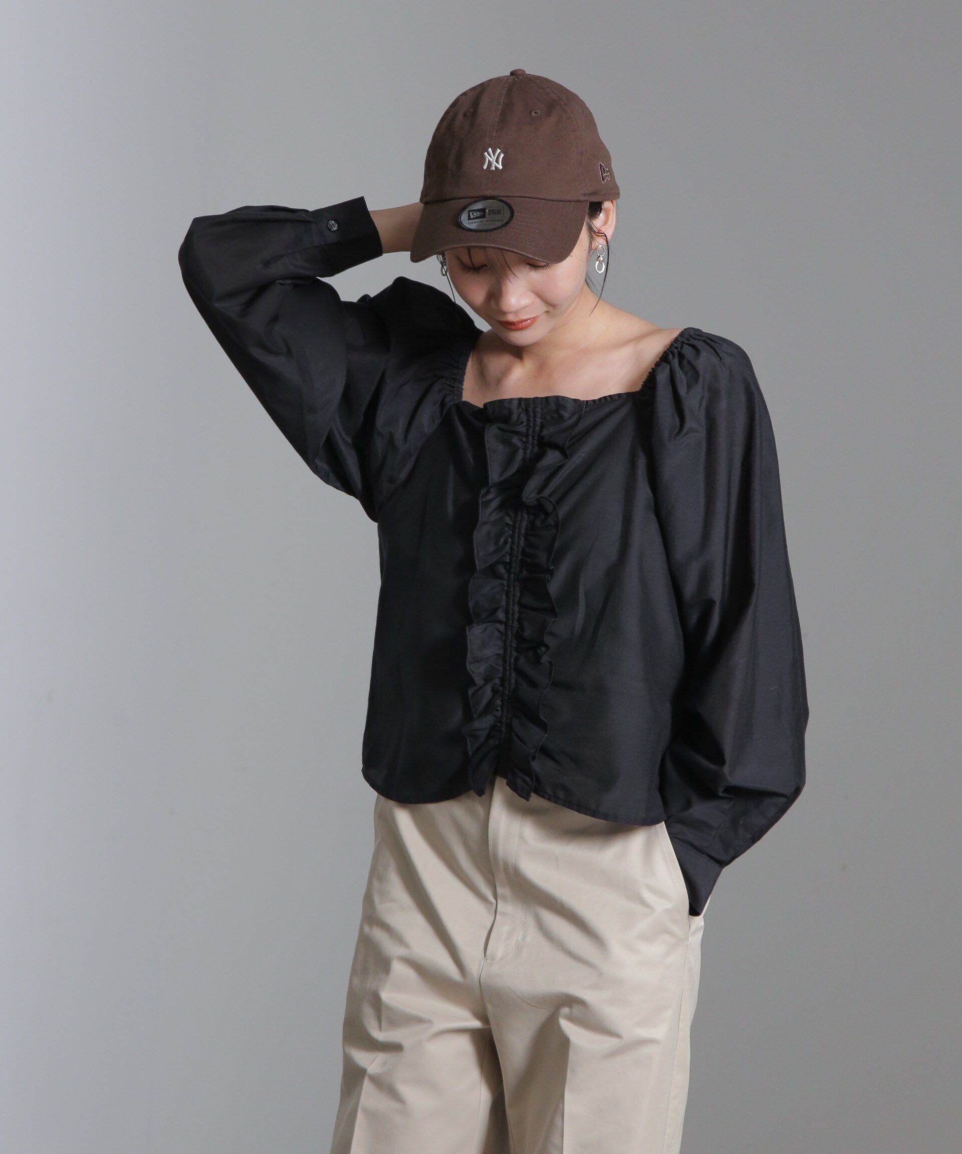 nano･universe「シルク混フロントフリルブラウス」|シャツ・ブラウス|ブラック