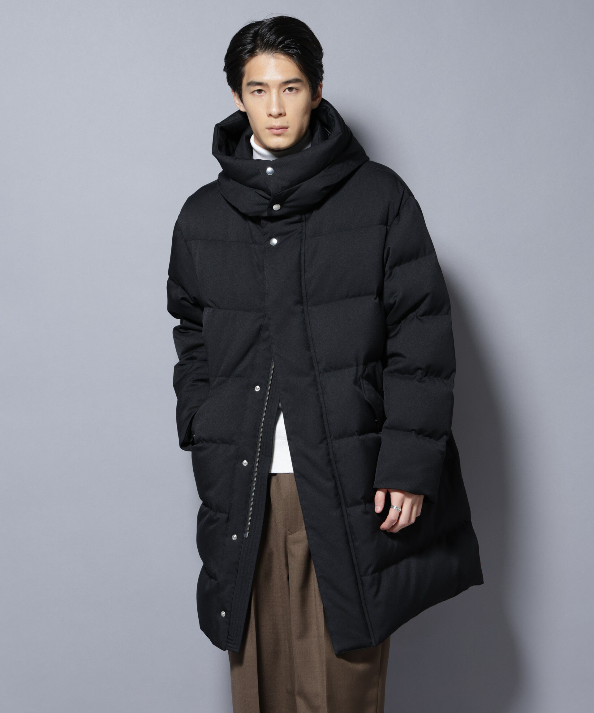 nano･universe「「西川ダウン(R)」フェイクファーカラーサージロングダウン」|ダウン|ブラック