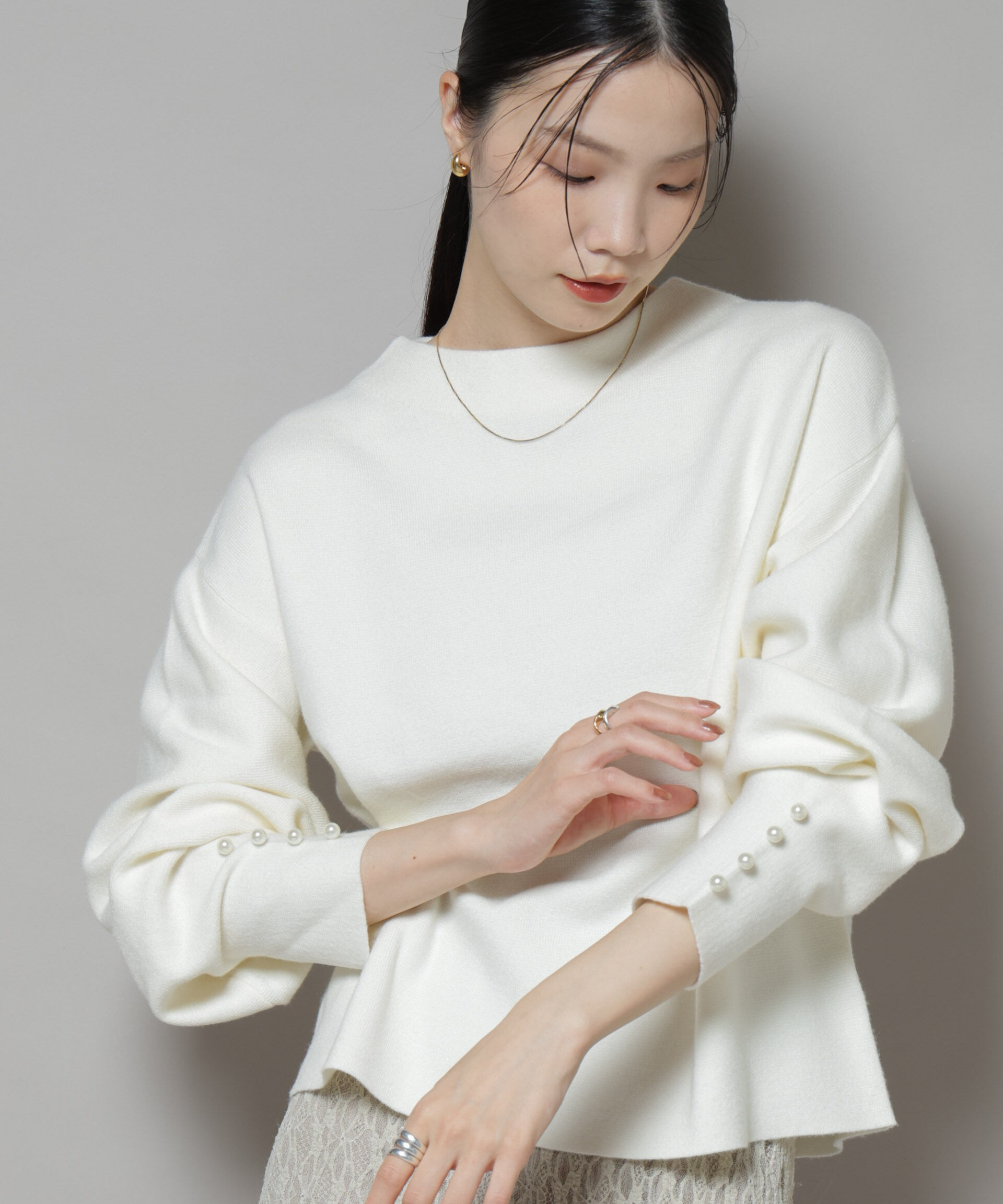 nano･universe「ミラノリブパールニットプルオーバー」|ニット・セーター|オフホワイト1