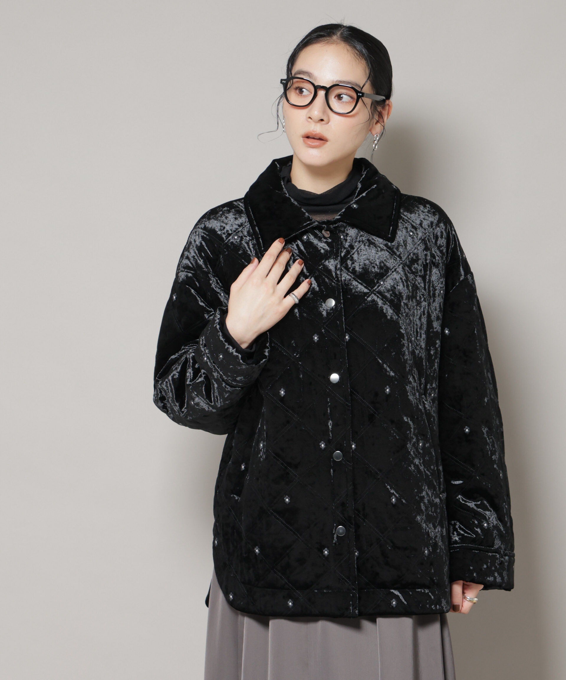 nano･universe「ベロアキルト刺繍ブルゾン」|ブルゾン・スタジャン|ブラック