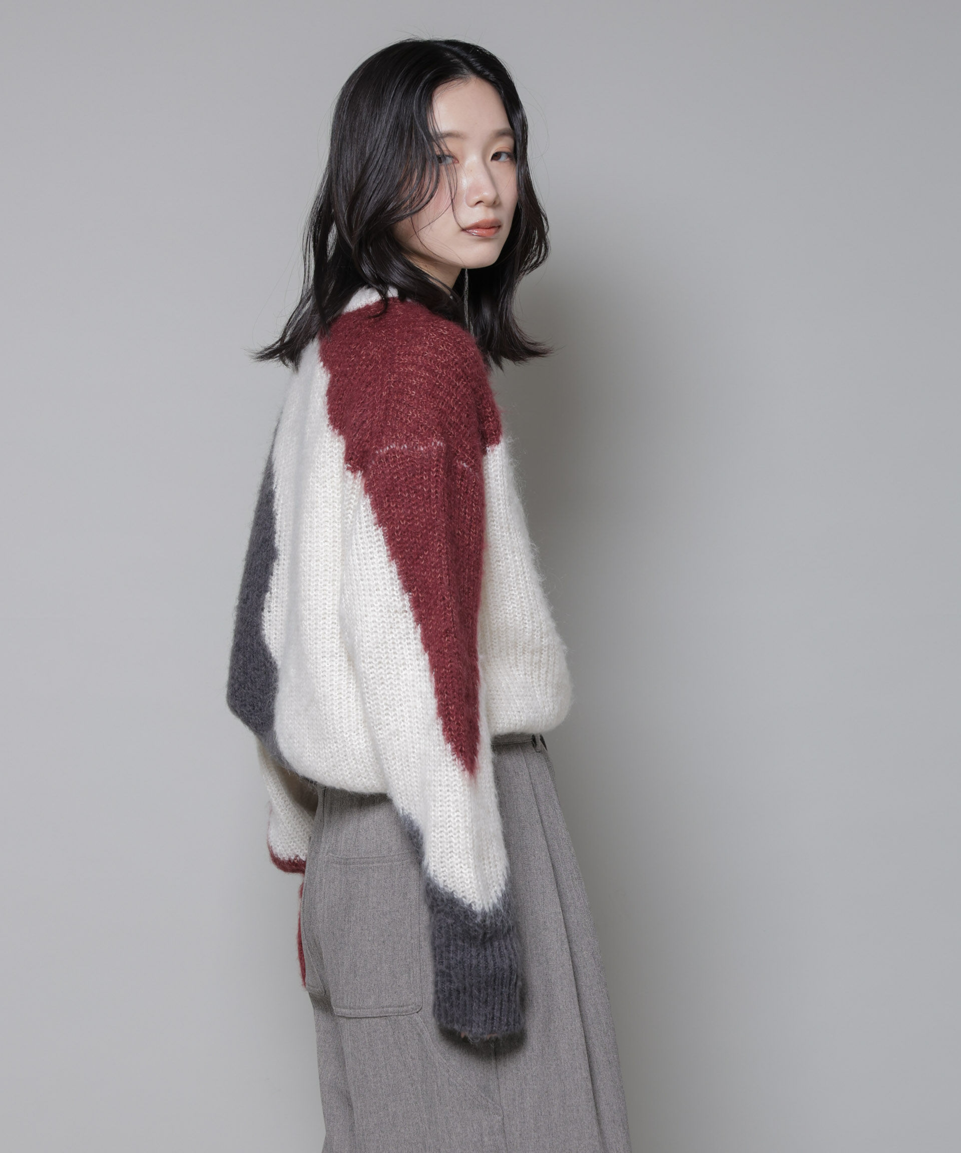 nano･universe「モヘヤ起毛カーブパターンブロッキングニット」|ニット・セーター|