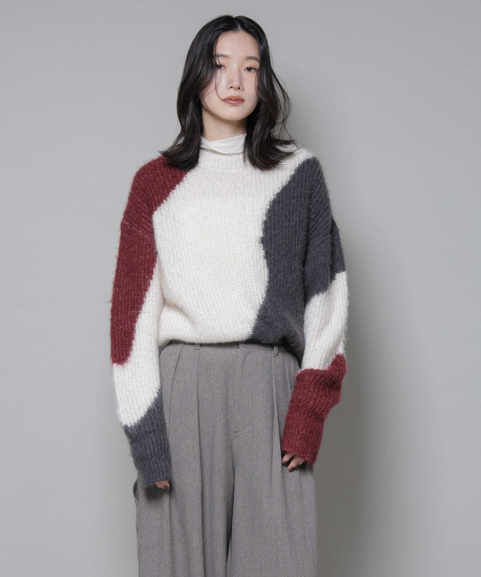 nano･universe「モヘヤ起毛カーブパターンブロッキングニット」|ニット・セーター|