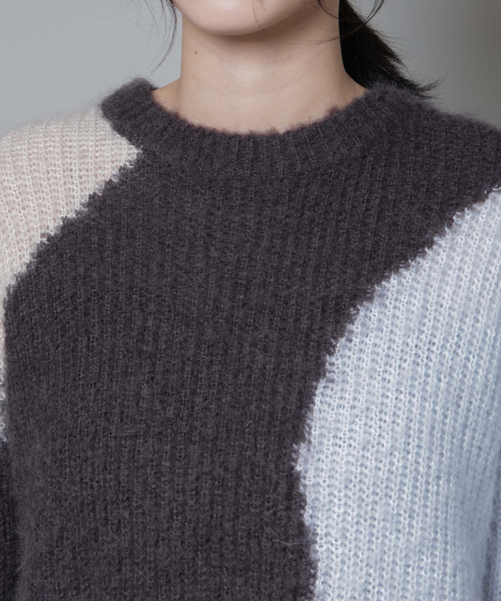 nano･universe「モヘヤ起毛カーブパターンブロッキングニット」|ニット・セーター|
