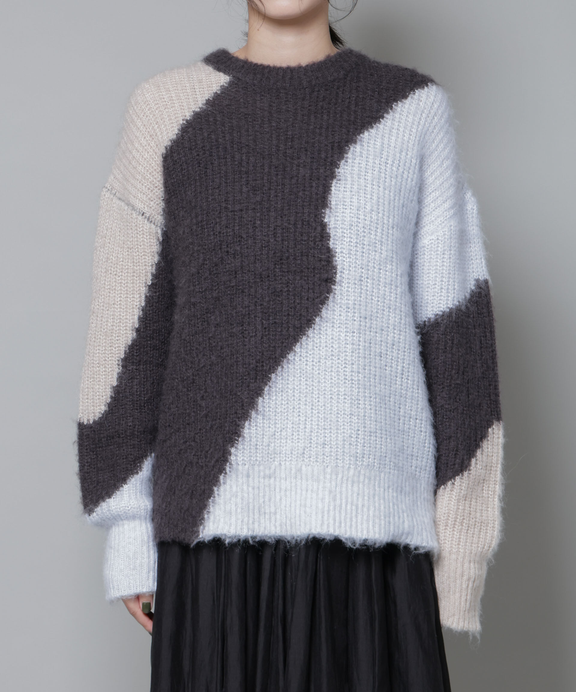 nano･universe「モヘヤ起毛カーブパターンブロッキングニット」|ニット・セーター|
