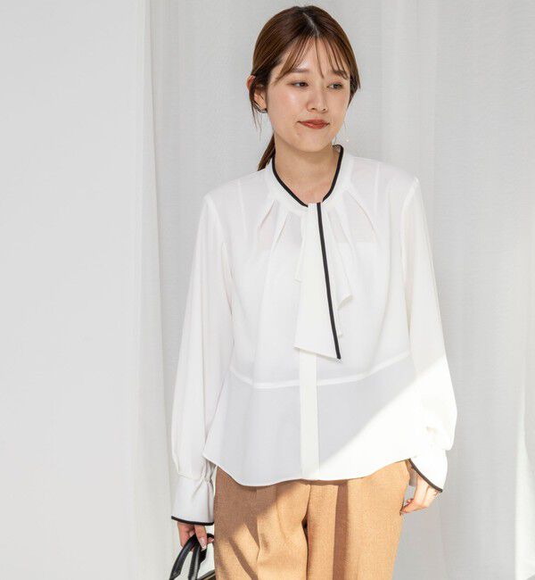 NOLLEY'S「《セットアップ対応》ウォッシャブルストレッチジョーゼットボウタイ風ペプラムブラウス」|シャツ・ブラウス|
