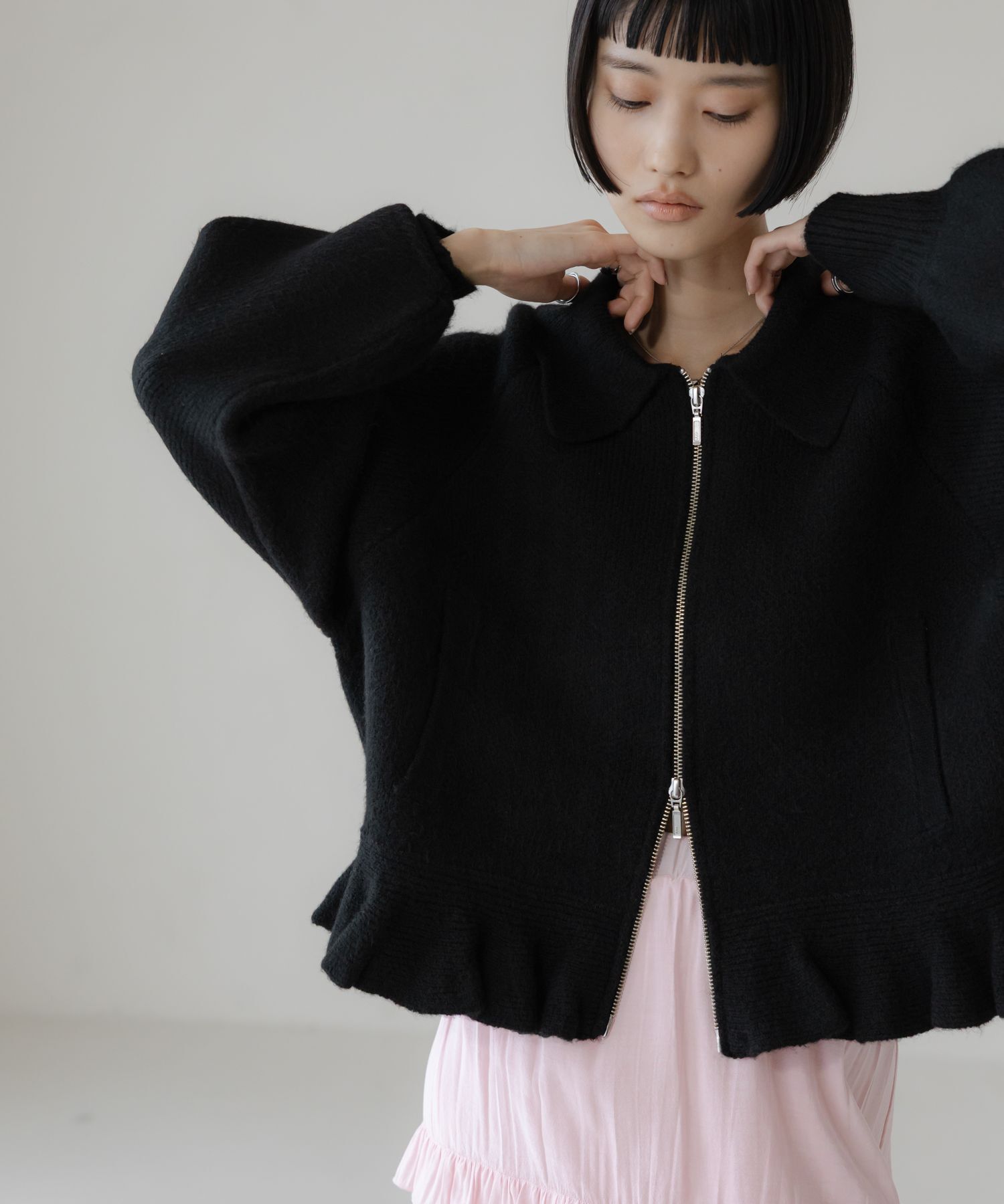 LOWRYS FARM「エリニットフリルブルゾン」|その他|BLK