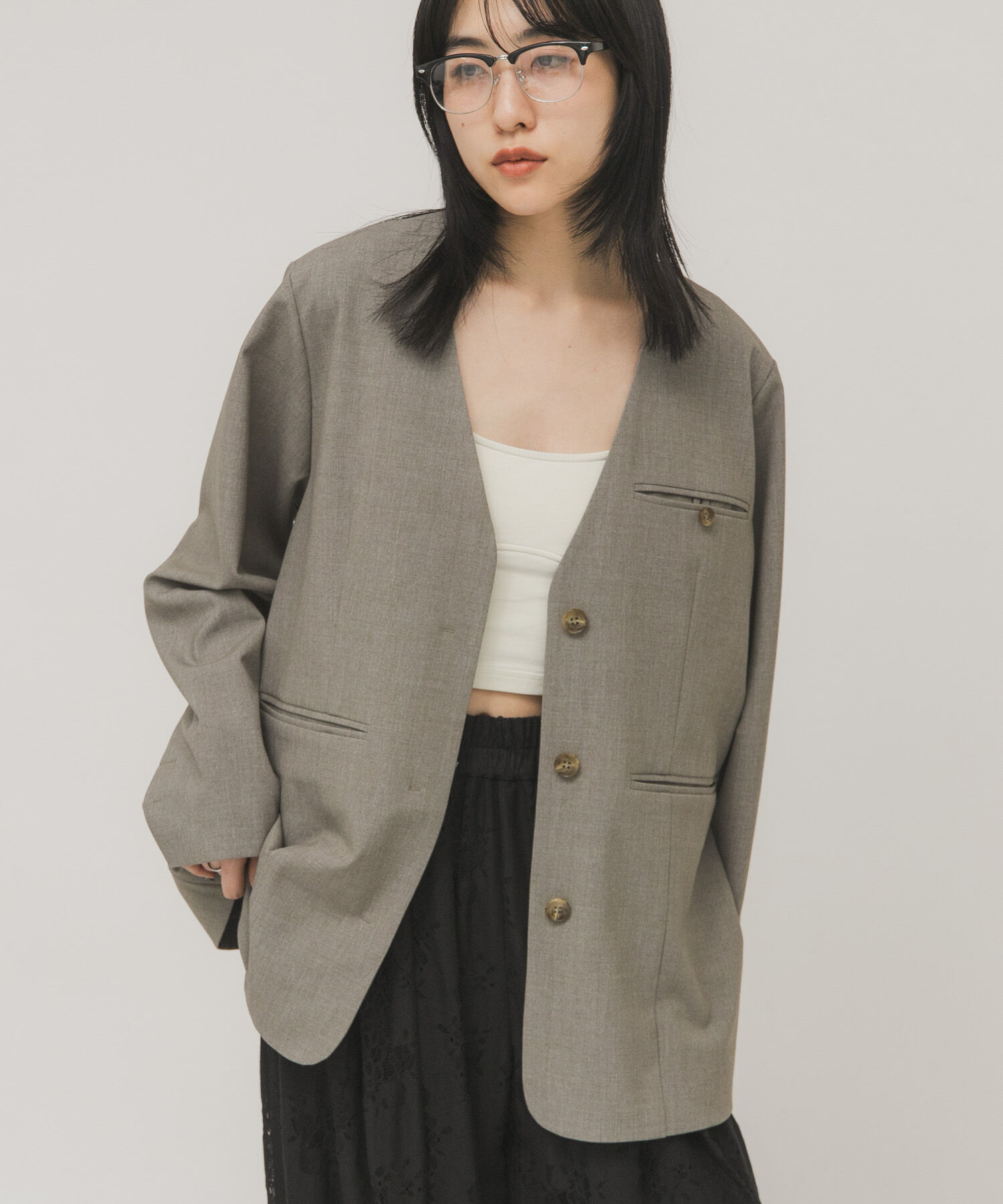  「ノーカラーデザインジャケット」|ノーカラージャケット|