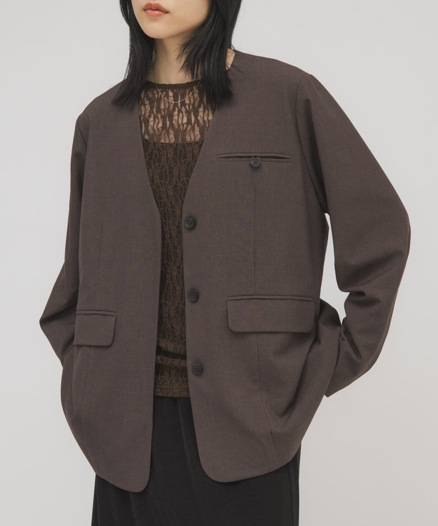  「ノーカラーデザインジャケット」|ノーカラージャケット|