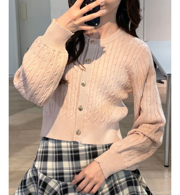  「ゴールドボタンケーブルニットカーデ」|カーディガン|ピンク