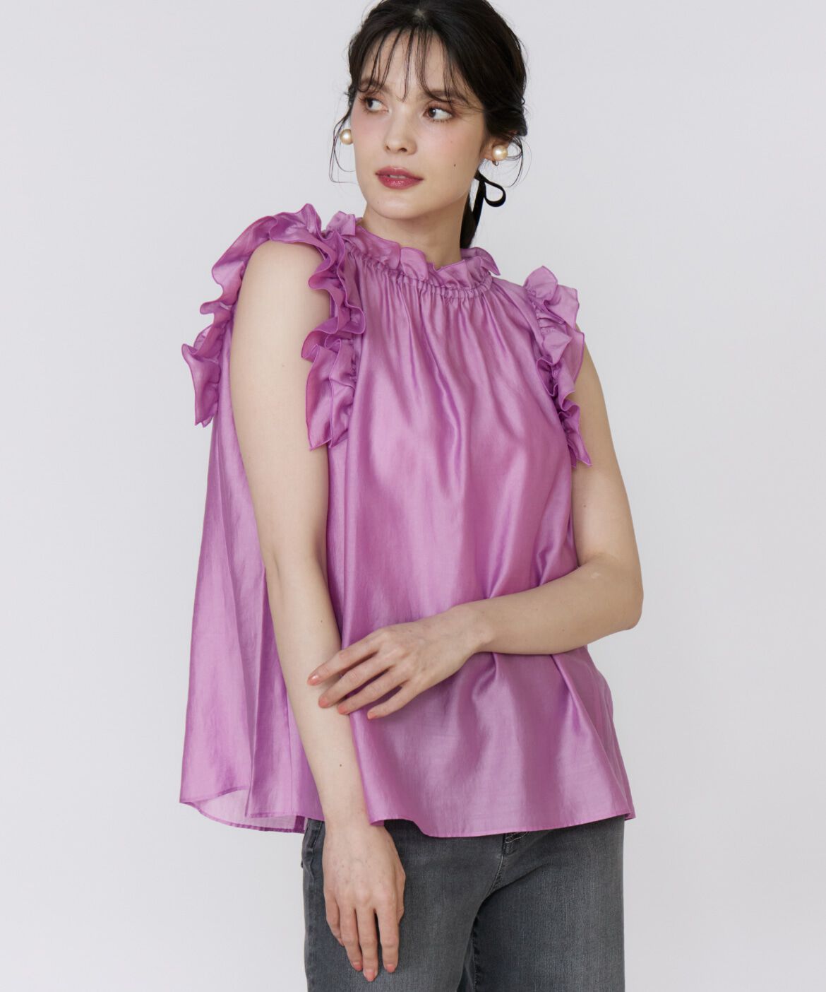 Maglie le cassetto「シャイニーフリルブラウス」|シャツ・ブラウス|ピンク1