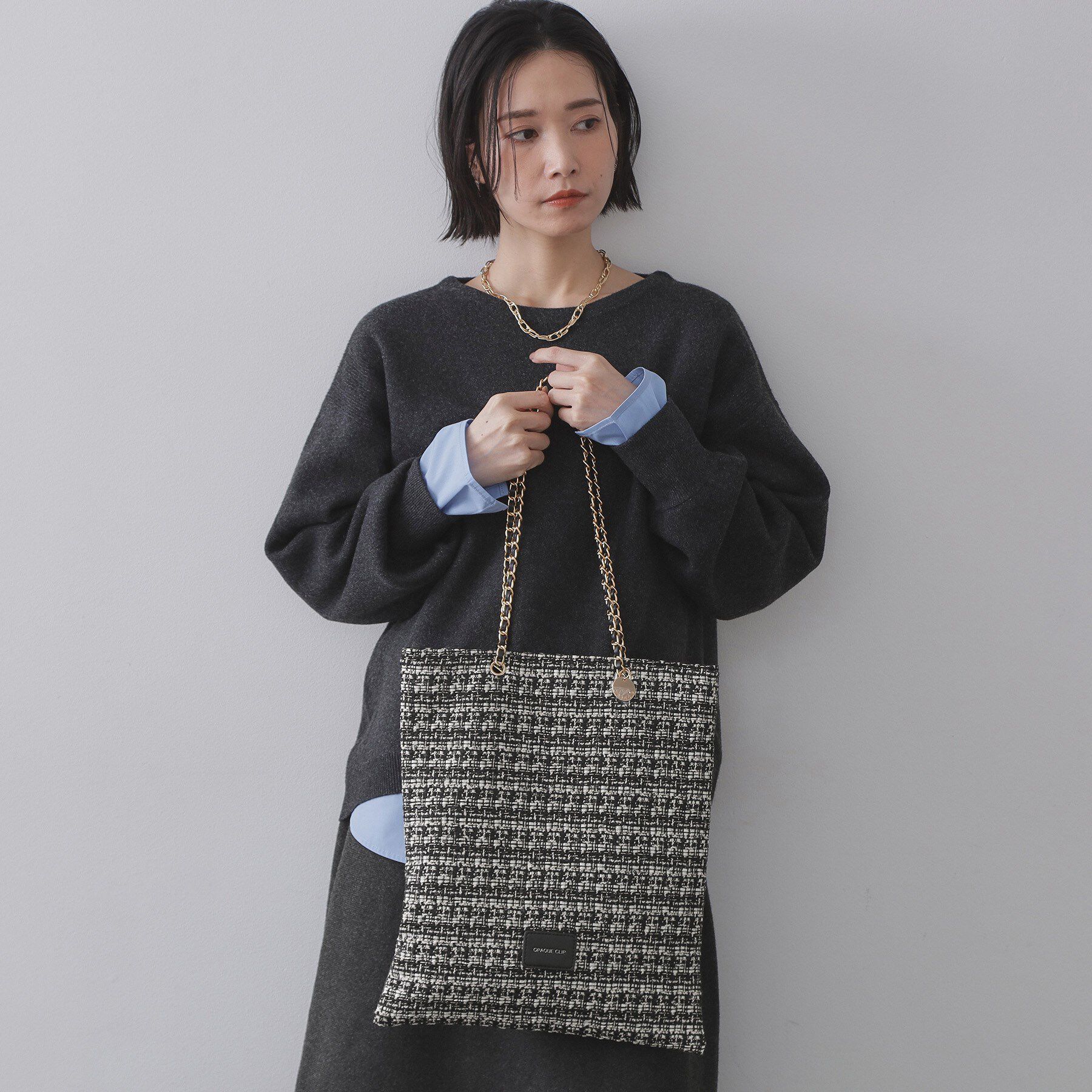 OPAQUE.CLIP「ツイードコンビチェーンショルダートートバッグ【A4サイズ対応】」|トートバッグ|ブラック(019)
