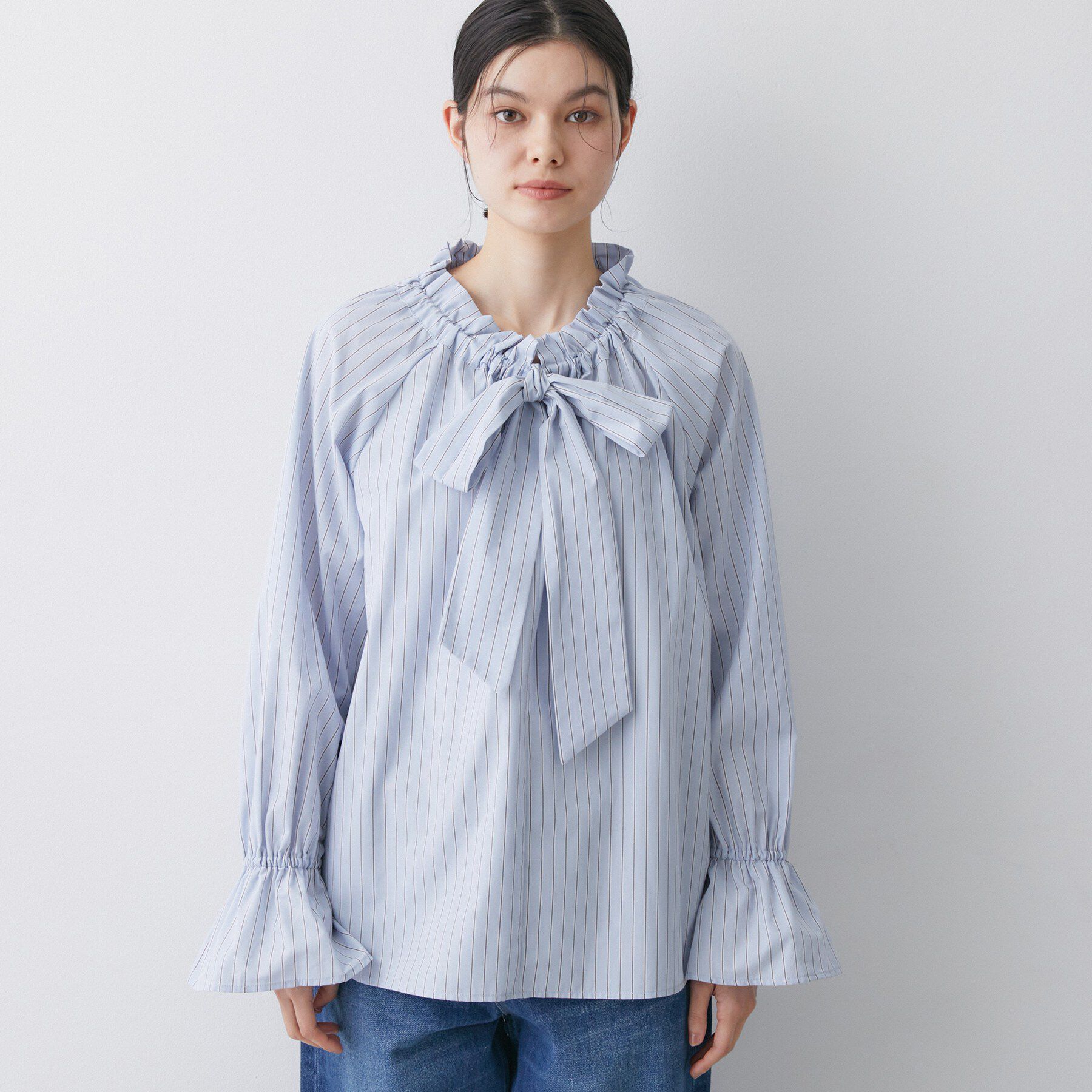 Dessin「【洗える】フリルボウタイストライプブラウス」|シャツ・ブラウス|