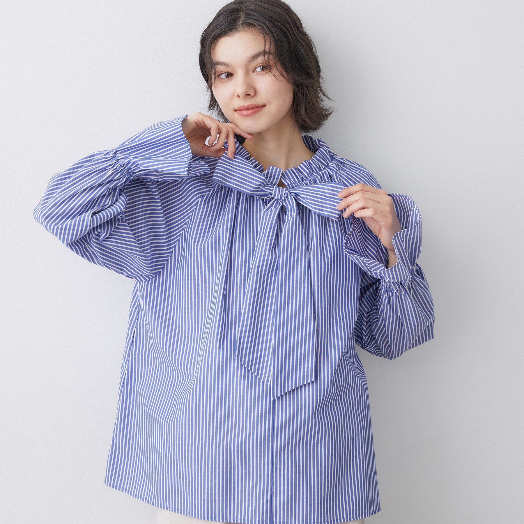 Dessin「【洗える】フリルボウタイストライプブラウス」|シャツ・ブラウス|ネイビー(396)